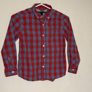 Tommy Hilfiger Shirt Boys 7 Red Blue Plaid Button Front Long Sleeve Cotton